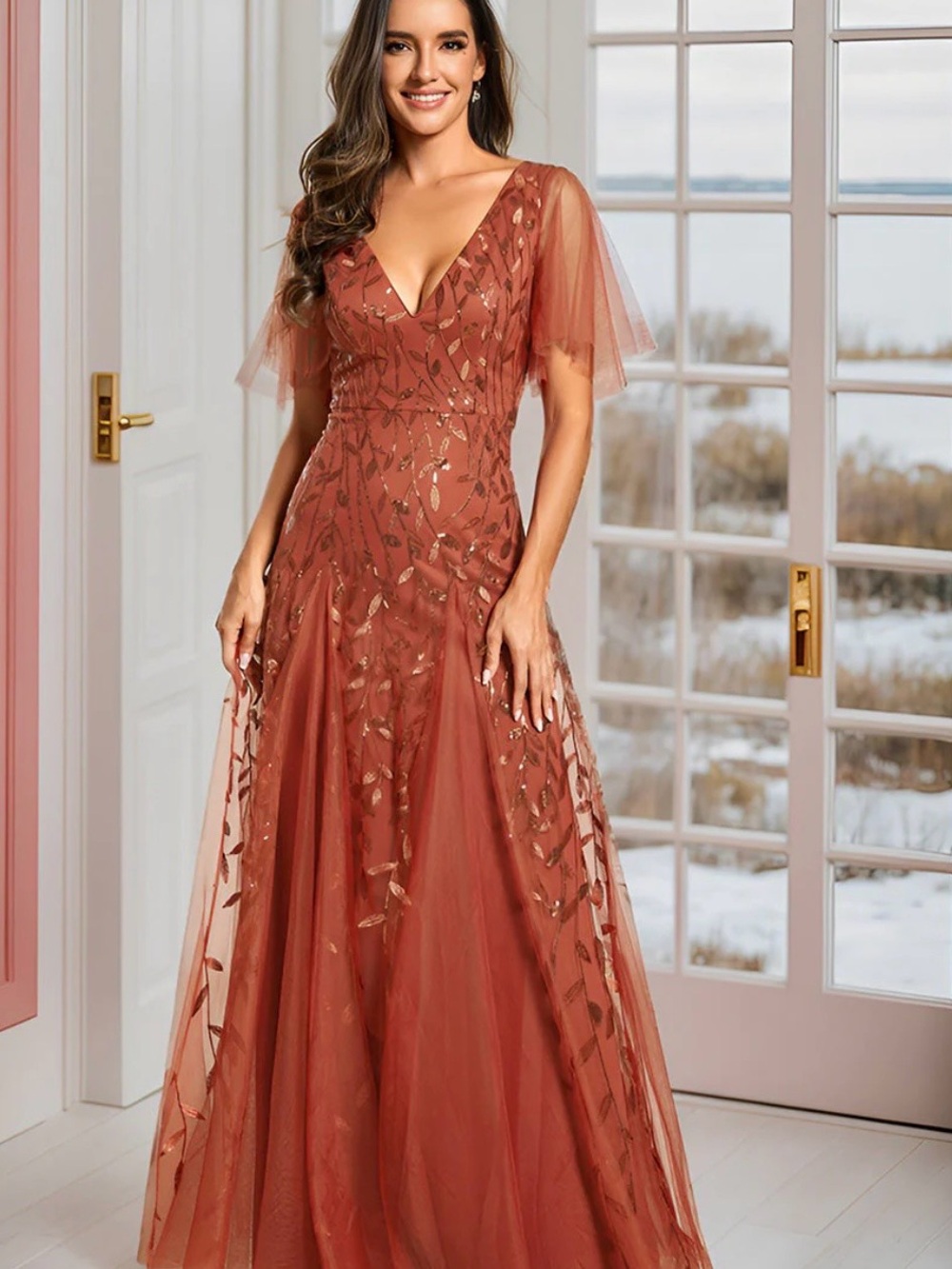 Ever Pretty Rust Maxi Dress with Metallic Leaf Embroidery